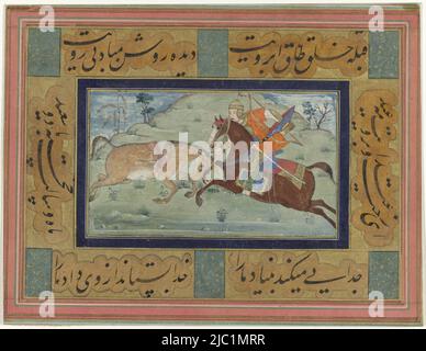 Ein gespannter Reiter schneidet einen wilden Esel in die Hälfte, ein Krieger zu Pferd spaltet einen Esel, Zeichner: Anonym, 1610 - 1630, Papier, Pinsel, H 88 mm × B 150 mm, H 190 mm × B 250 mm Stockfoto