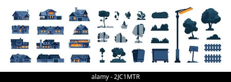 Nachtvorstadtelemente. Cartoon-Häuschen in der Nacht, Sträucher, Bäume, Straßenlampen und Müllcontainer. Vector Night Straßenbaukasten Stock Vektor
