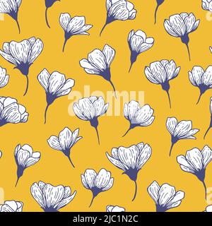 Weiße Blumen auf gelbem Hintergrund nahtlose Vektor-Muster Stock Vektor