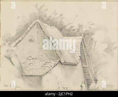 Blatt 23 recto aus einem Skizzenbuch mit 43 Blättern, Abbildung bei einem Haus mit Reetdach in einem Waldgebiet, Zeichner: Johannes Tavenraat, Brüssel, 1840, Papier Stockfoto