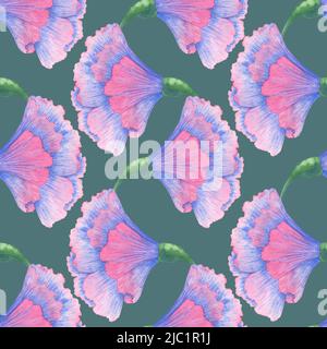 Abstrakte Nelkenblumen. Rosafarbene Blütenknospen mit blauen Adern. Aquarell Nahtloses Muster auf grünem Hintergrund. Illustration für Stoffe, Tapeten, PR Stockfoto