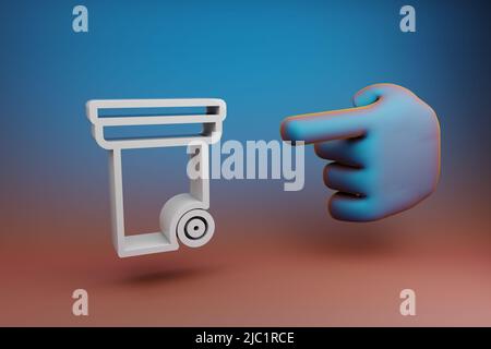 Schöne Illustrationen abstrakte Hand Zeigefinger zeigt auf Recycle Symbol-Symbol auf einem mehrfarbigen hellen Hintergrund. 3D Rendering-Illustration. Backgro Stockfoto