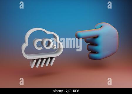 Schöne Illustrationen abstrakte Hand Zeigefinger zeigt auf Wolke CO2 Symbol-Symbol auf einem mehrfarbigen hellen Hintergrund. 3D Rendering-Illustration. Rückg Stockfoto