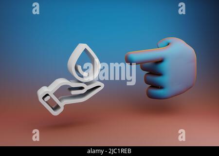 Schöne Illustrationen abstrakte Hand Zeigefinger zeigt auf sauberes Wasser Hand Symbol Symbol auf einem mehrfarbigen hellen Hintergrund. 3D Rendering-Illustration Stockfoto