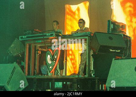 Basement Jaxx beim Homelands Festival 2002, Winchester, Hampshire, England, Vereinigtes Königreich. Stockfoto