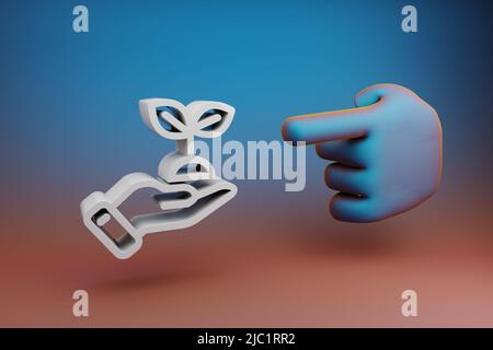 Schöne Illustrationen abstrakte Hand Zeigefinger zeigt auf Hand Blatt Symbol Symbol auf einem mehrfarbigen hellen Hintergrund. 3D Rendering-Illustration. Rückg Stockfoto