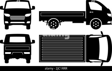 Kleine LKW Silhouette auf weißem Hintergrund. Fahrzeugsymbole stellen die Ansicht von der Seite, vorne, hinten und oben ein Stock Vektor