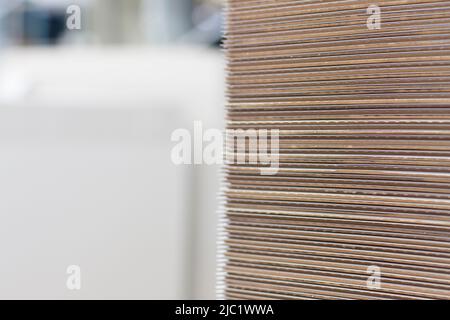 Nahaufnahme von kartografischen Industriemaschinen bei der Arbeit in einer Produktionslinie, Förderbänder sind sichtbar, keine Menschen sind anwesend. Stockfoto