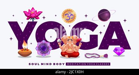 Realistisches Meditations- und Yoga-Kurse horizontales Poster mit ganesha Lotus Kerze Planet Zeichen des Tierkreises Vektor-Illustration Stock Vektor