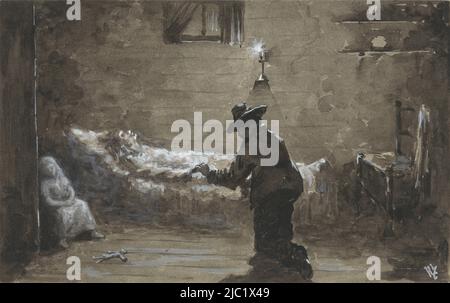 In einem Raum bei Kerzenschein kniet ein Mann vor dem Bett einer Frau. Die Frau stirbt wahrscheinlich. In einer Ecke sitzt ein Mädchen. Vor ihr liegt eine Puppe auf dem Boden, ein Mann kniet am Bett einer Frau., Zeichner: H.C. Louwerse, (vom Künstler signiert), in oder vor 1910, Papier, Pinsel, H 169 mm × B 269 mm Stockfoto