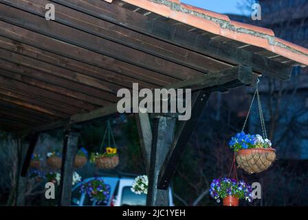 Dekorativer hängender Blumentopf mit Korbtopf und blauen Blumen auf der Veranda Stockfoto