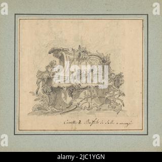 Buffet mit zwei Affen im Rokoko-Stil, mit fließendem Wasser, in einer Landschaft, die meist in Graphit skizziert ist, Entwurfszeichnung Buffet mit zwei Affen im Rokoko-Stil., Zeichner: Guillaume Thomas Raphaël Taraval, (möglicherweise), Paris, (möglicherweise), c. 1740 - c. 1750, Graphit (mineralisch), Bürste, H 146 mm × B 162 mm Stockfoto