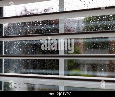 Blick durch Fensterläden auf regengetränkte doppelt verglaste Fenster in einem Familienhaus Stockfoto