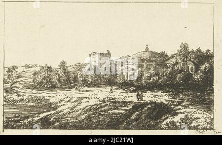 Hügelige Landschaft mit Ruine von Kirche oder Kloster, Druckerei: Dirk Vis Blokhuyzen, (auf Objekt erwähnt), Rotterdam, 1809 - 1869, Papier, Ätzung, H 126 mm × B 200 mm Stockfoto