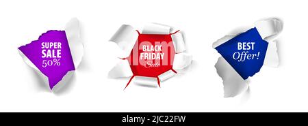 Realistisches Design-Konzept mit schwarzen freitag super Verkauf besten Angebot Text auf Farbhintergrund in zerrissenen Papier Löcher isoliert Vektor-Illustration Stock Vektor