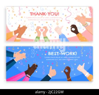 Klatschen ok Herz Hände Applaus Satz von horizontalen Bannern mit bearbeitbarem Text und flachen Urlaub Bilder Vektor-Illustration Stock Vektor