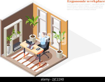 Ergonomische Arbeitsplatzkomposition mit Person, die am Schreibtisch sitzt, in leichter und gemütlicher Studie 3D isometrischer Vektor-Illustration Stock Vektor
