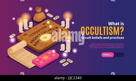 Isometrische psychische Glück okkulten horizontalen Banner mit Bildern von Kerzen alten Skript Text und mehr Button-Vektor-Illustration Stock Vektor