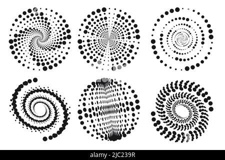 Set aus Spiralen, Designelementen, gepunkteten abstrakten Mustern. Spiralwirbel, Drehpunkte, Halbtonwirbel. Vektorvorlagen für kreisförmige Radialrotation Stock Vektor
