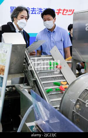 Tokio, Japan. 9.. Juni 2022. Während der Internationalen Ausstellung für Lebensmittelmaschinen und -Technologie (FOOMA JAPAN) im Tokyo Big Sight in Tokio sehen sich Besucher Gemüse auf einem Abscheider für Fremdstoffe an. Die jährliche Ausstellung stellt die neuesten Produkte und Dienstleistungen für die Lebensmittelverarbeitung in 8 Hallen vor. FOOMA JAPAN läuft vom 7. Bis 10. Juni. (Bild: © Rodrigo Reyes Marin/ZUMA Press Wire) Stockfoto