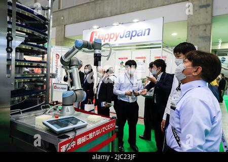 Tokio, Japan. 9.. Juni 2022. Besucher sehen einen Roboterarm, der während der Internationalen Ausstellung für Lebensmittelmaschinen und -Technologie (FOOMA JAPAN) im Tokyo Big Sight in Tokio stattfindet. Die jährliche Ausstellung stellt die neuesten Produkte und Dienstleistungen für die Lebensmittelverarbeitung in 8 Hallen vor. FOOMA JAPAN läuft vom 7. Bis 10. Juni. (Bild: © Rodrigo Reyes Marin/ZUMA Press Wire) Stockfoto