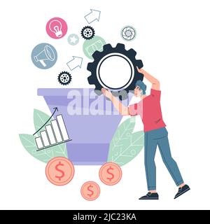 Verkaufstrichter und Monetarisierung, Steigerung der Konversionsraten-Strategie. SMM-Strategie für Unternehmen, flache Vektorgrafik isoliert auf weißem Hintergrund. Stock Vektor