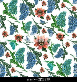 Nahtlose Sommer-Muster mit Aquarell blau, rosa Blumen und Blätter handmade.Isolated auf weißem Hintergrund.Design für Hochzeit Einladung, Stoff Stockfoto