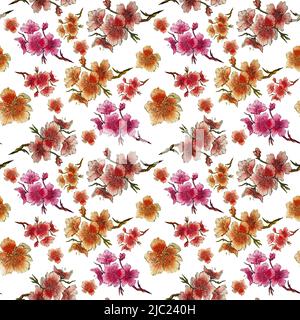 Nahtloses Muster von Hand gezeichnet Aquarell Sakura Blumen Zweige.isolierte Hintergrund.Design für Hochzeit Einladung, Stoff, Verpackung, Textil, Abdeckung Stockfoto