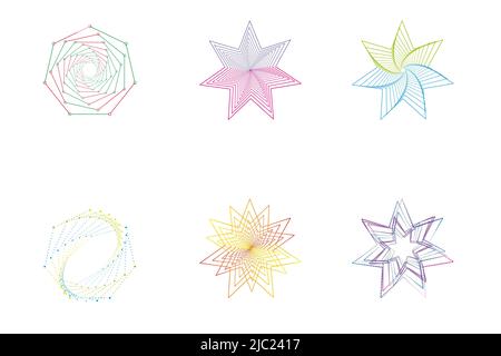 Set von Spiralen Sterne Linie Kunst, Design-Elemente, Linie abstrakte Muster. Spiralwirbel, Drehlinie, Wirbel . Vektorvorlagen von geometrischen radialen Stock Vektor