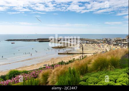 Lyme Regis Harbour, im Sonnenschein von oben, Dorset, England Stockfoto