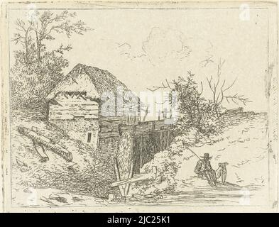 Landschaft mit Wassermühle und Mann mit Hund, Druckerei: Albertus Brondgeest, , Niederlande, 1796 - 1849, Papier, Ätzung, H 82 mm × B 86 mm Stockfoto