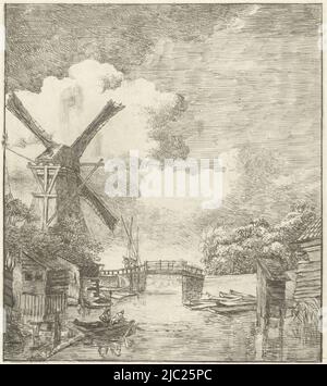 Landschaft mit Mühle am Wasser., Druckerei: Albertus Brondgeest, , Niederlande, 1796 - 1849, Papier, Ätzung, H 255 mm × B 230 mm Stockfoto