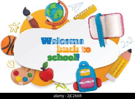 Plastilin Schule Zusammensetzung mit willkommen zurück zur Schule Symbole Vektor-Illustration Stock Vektor