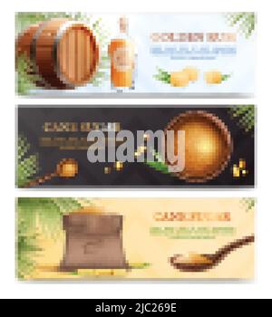 Drei horizontale Rohrzucker realistisches Banner-Set mit goldenem Rum und Zuckerbeschreibungen Vektorgrafik Stock Vektor