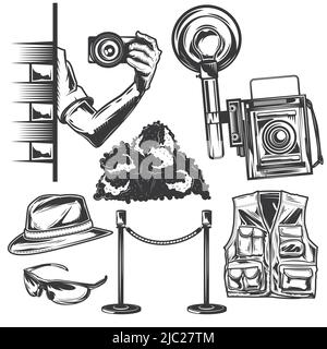 Set von Paparazzi-Elementen für die Erstellung eigener Abzeichen, Logos, Etiketten, Poster etc. Auf Weiß isoliert. Stock Vektor