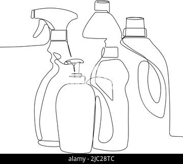 Die kontinuierliche Linienführung der Set-Flaschen verschiedener Reinigungsverfahren führt zu einer freundlichen Reinigung. Minimalkonzept Stock Vektor