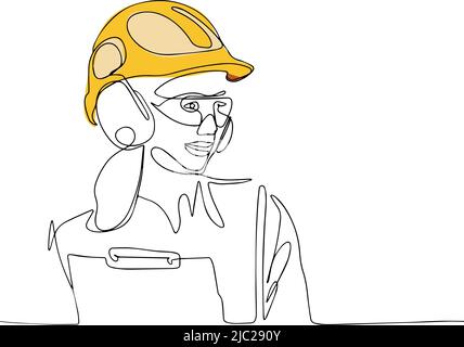 Kontinuierliche einzeilige Zeichnung der Ingenieurin Frau, die Uniform und Schutzhelm trägt Stock Vektor
