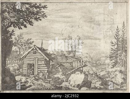 Landschaft mit zwei Männern in der Holzhütte, Druckerei: Allaert van Everdingen, (auf Objekt erwähnt), Niederlande, 1631 - 1675, Papier, Ätzung, H 101 mm × B 140 mm Stockfoto
