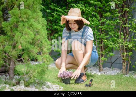 Eine asiatische Gärtnerin pflanzt Blumen in den Blumentopf. Stockfoto