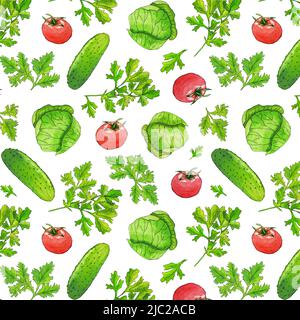 Aquarell Gemüse nahtlose Muster . Vitaminpflanzenmuster mit grünem Kohl, Tomaten, saftiger Sommergurke und Petersilie. Sommersalat . Stockfoto