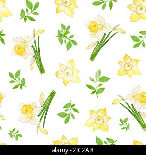 Aquarell-Frühlingsmuster mit Narzissen-Blüten. Frühlingsblumen-Muster mit gelben Narzissen. Design für Textilien, Schreibwaren, Scrapbooking. Stockfoto