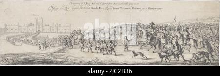 König Karl II. Von England und Königin Katharina von Braganza kommen in einer Kutsche, begleitet von einer langen Prozession von Pferden und Wagen, am Hampton Court Palace an. Print ist Teil einer Serie über Catherine of Braganzas Reise von Portugal nach London, wo sie 1662 Karl II. Von England heiratete. , Ankunft von König Karl II. Von England und Königin Catherine von Braganza am Hampton Court die Ankunft von Ye King's ma tie und Ye Queenes von Portsmouth nach Hampton Court / Passage del Rey de gran Bretanha Carolo II e o Rainha Dona Catarina de Portsmuit per Hamton Court (Titel auf Objekt) Reise von Stockfoto