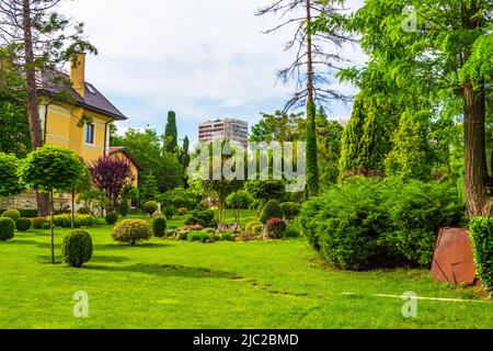 Blick auf den Garten am Meer, Varna Stadt, Bulgarien.People Promenade auf Parkallee mit hellen Rosen Blumen am Sommertag, Stockfoto