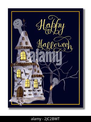 Halloween. Beschriftung. Happy halloween Schriftzug Aquarell Karte. Postkarte mit einem Haunted House und einem Baum auf dunklem Hintergrund. Stockfoto