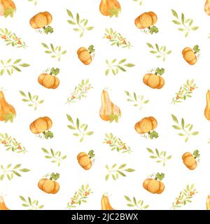 Aquarell-Herbstmuster mit orangefarbenen Kürbissen und Blättern. Herbstdesign für Thanksgiving und Halloween Feiern. Zum Verpacken von Papier, Briefpapier. Stockfoto