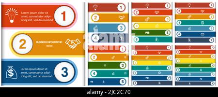Vorlagen für Infografiken, nummerierte mehrfarbige Streifen Stock Vektor