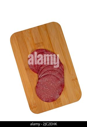 Geschnittene Salami auf einem Schneidebrett Stockfoto
