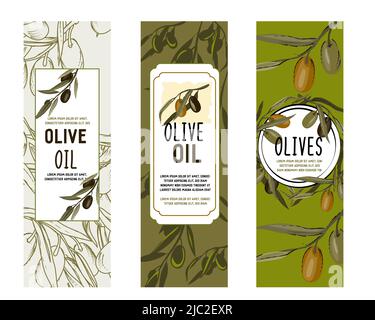 Olivenöl Vektor-Etiketten oder Abzeichen Set, Hand Morgendämmerung Illustration. Sammlung von Transparenten für Oliven und Speiseöl Verpackung, Kosmetik. Stock Vektor