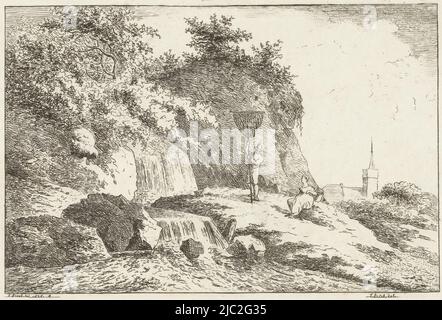 Ein stehender Mann, ein Landungsnetz in seinen Händen und eine sitzende Frau in der Nähe eines Wasserfalls. Ein Kirchturm hinten rechts., Landschaft mit Wasserfall und Kirche, Druckerei: Reinierus Albertus Ludovicus Baron van Isendoorn à Blois, (auf Objekt erwähnt), Zeichner: F. Bosch, (auf Objekt erwähnt), Vaassen, 1828, Papier, Ätzung, H 108 mm × B 168 mm Stockfoto