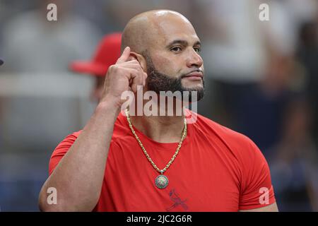 St. Petersburg, Florida. USA; St. Louis Cardinals erster Baseman Albert Pujols (5) während der Vorspielaufwärmungen vor einem Baseballspiel der Major League gegen die Stockfoto